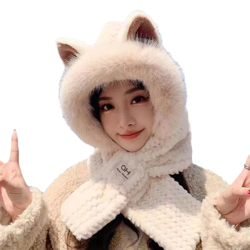 Cartoon Cute Fox Ears Plush Baotou Ear Protection Winter Warm Hat Collar Scarf Integrated Winter Autumn Winter