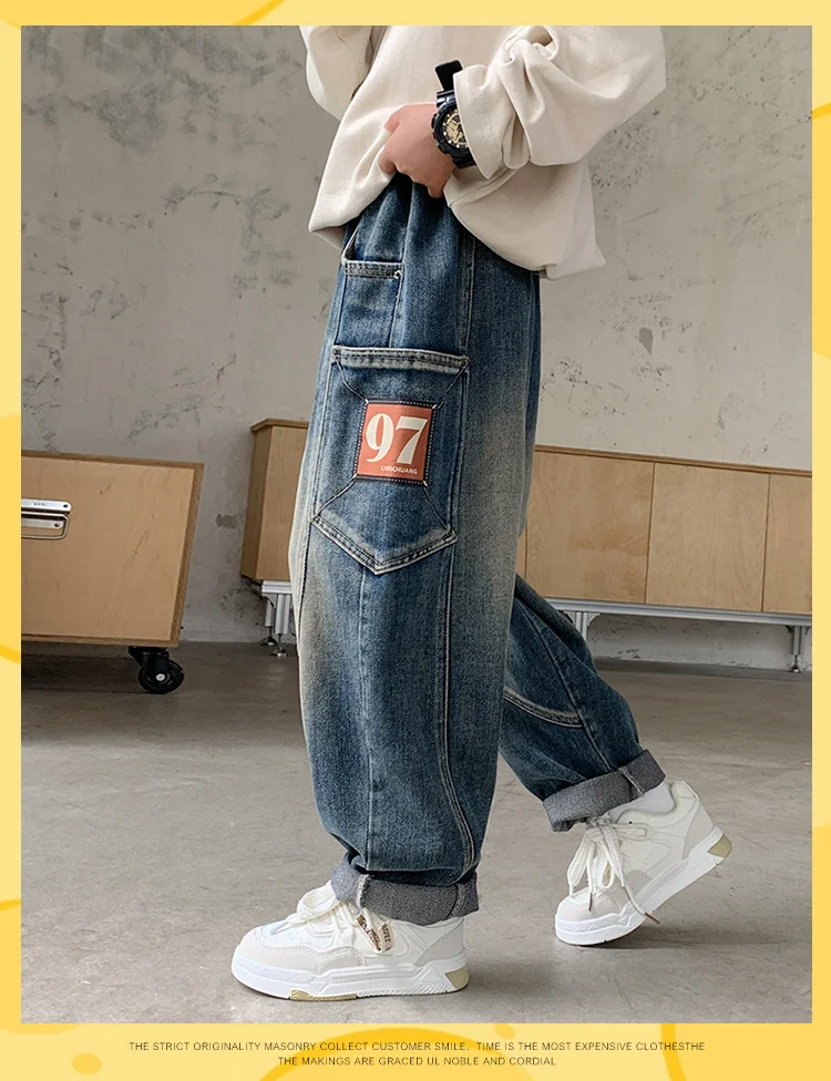 Modische Kinder-Designer-Cargo-Jeans mit Patchwork und Tasche für Schuljungen, hochwertige Denim-Hosen, Teenager- und Kinder-Luxuskleidung, Jeans – Detail 2