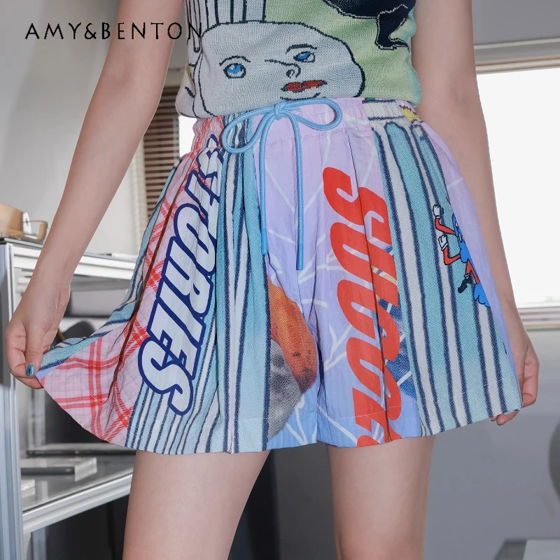 2025 Summer Pink Purple Letter Print Women's Casual Pants Original Design Loose Thin Tether High Waist Wide Leg Shorts Ladies