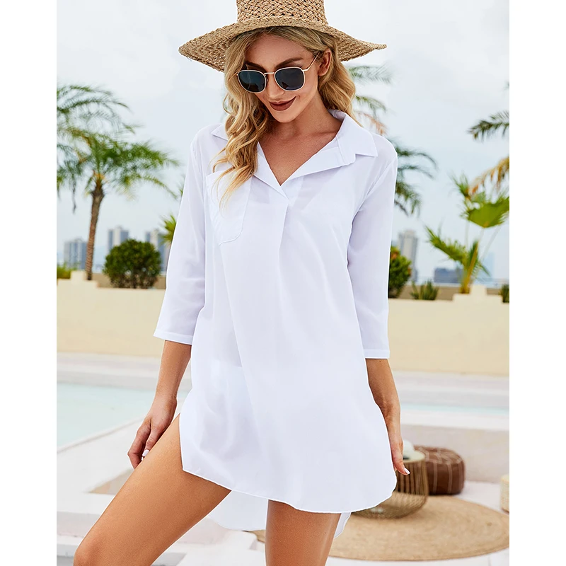 Women's Shirt Deep V-Neck Solid Color Beach Sunsuit Swimwear Cover-Up Long Sleeve Fashion Casual Elegant Office Blouse 2022 New