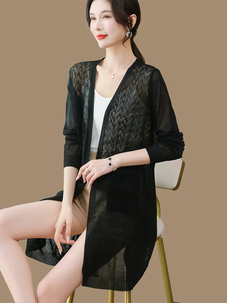 High Quality Mid Length Jacket, Ice Silk Knitted Cardigan, Women's Summer Thin Cut Hollow Outer Layer, Sun Protection Top