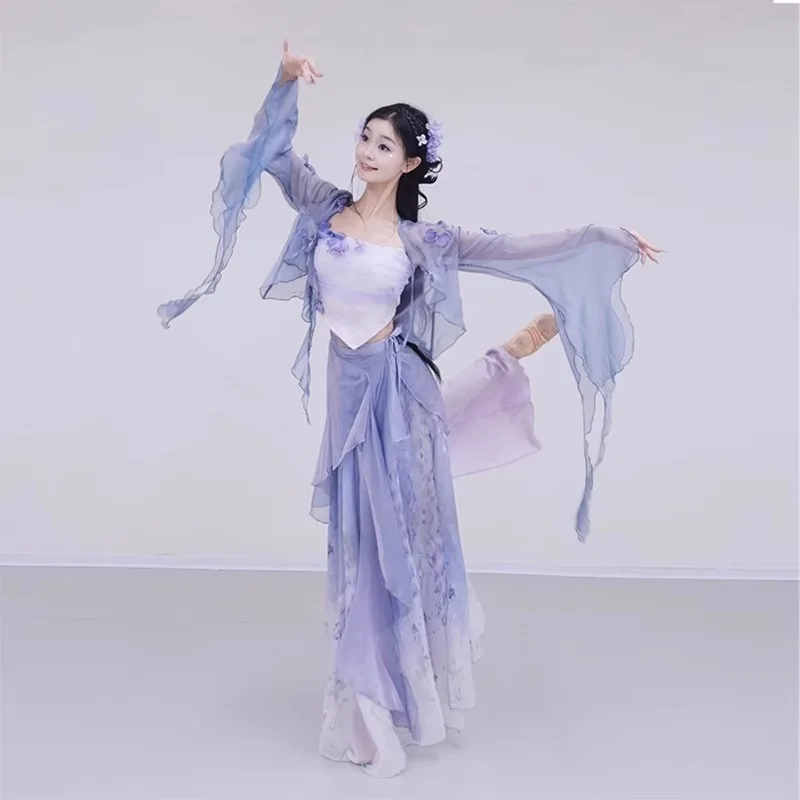 Classical Dance: Flowing Gauze Robes with Trumpet Sleeves, Draping Skirts, Performance Costumes, Training Suits