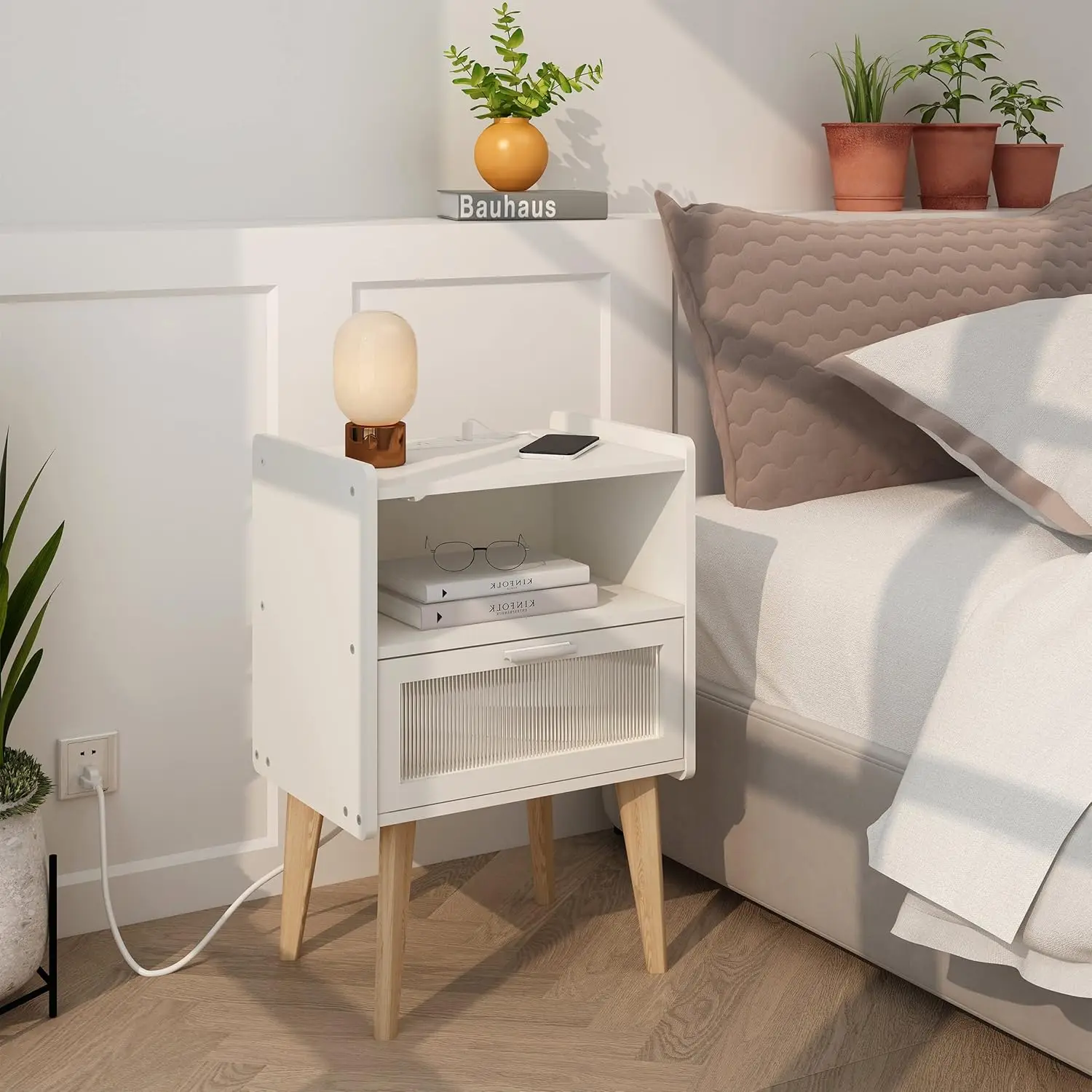 Nightstand with Charging Station, Bedside Tables, End Table Side Table with 2 Tiers Storage Space, for Bedroom, Living Room, Whi