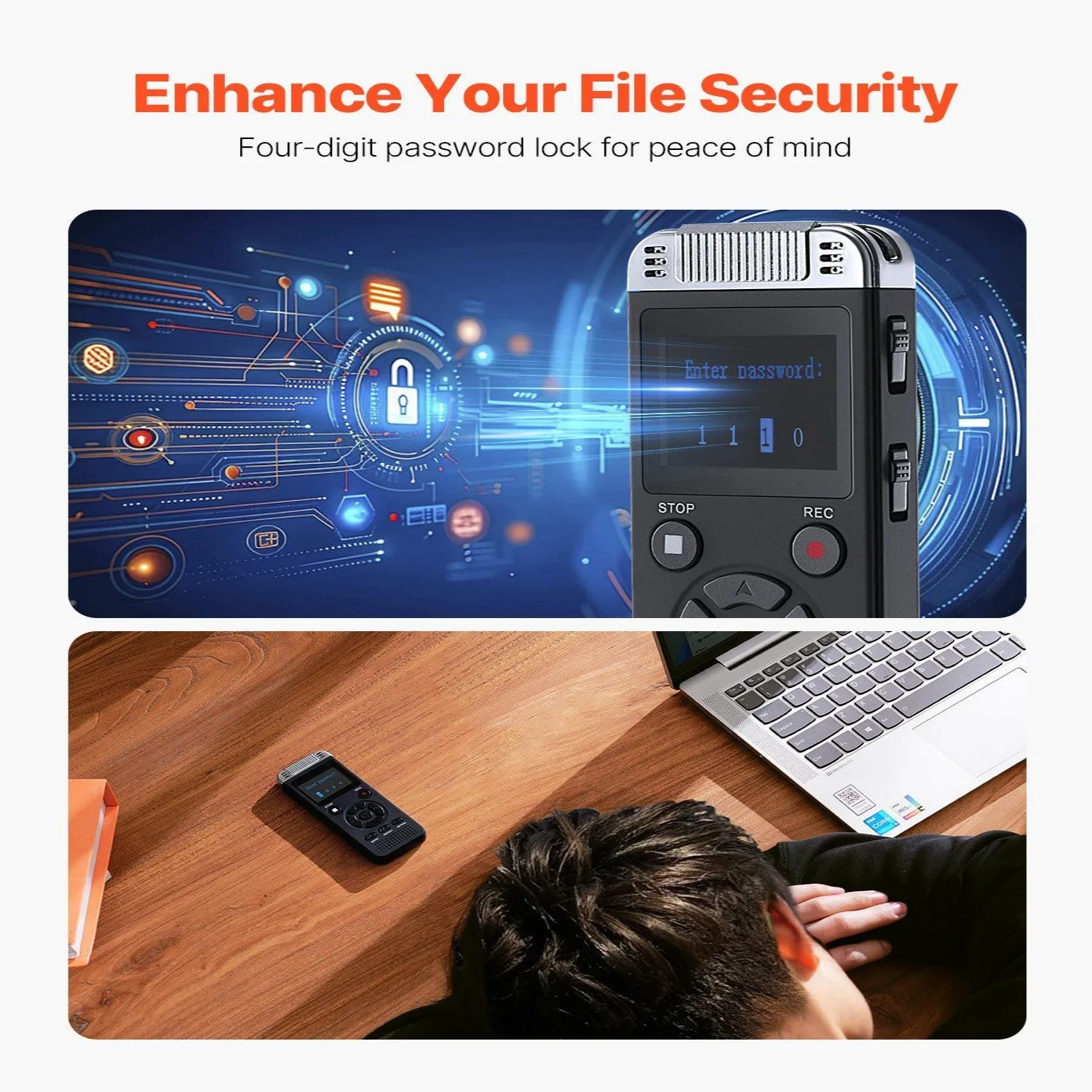 مسجل صوت رقمي سعة 128 جيجابايت مع شاشة عالية الدقة مقاس 1.4 بوصة، وإلغاء الضوضاء ونقل USB 2.0 - تسجيل طويل للطلاب/المحترفين #5