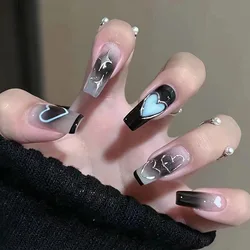 24Pcs Black Love Design Fake Nails with Rhinestone Design Long Ballet Full Cover Nail Tips Wearable French Press on False Nails