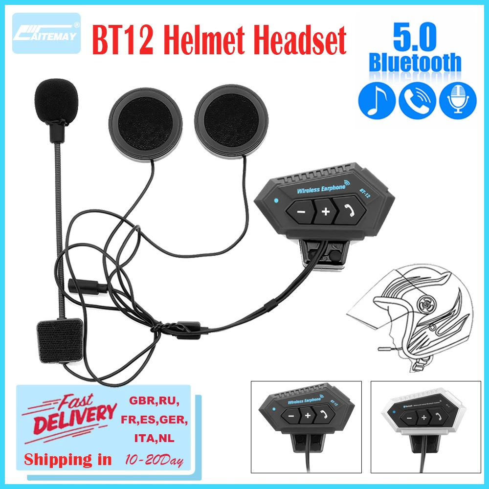 BT-12 Motorcycle Helmet Headset Bluetooth 5.0 Wireless Free-Hands Call Headphones Waterproof Walkie Talkie with 2000Mha Battery