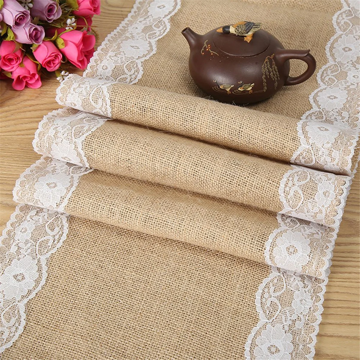 4PCS Lace Table Runner Retro Lace Burlap Table Runners for Country Wedding Party Dining Table Cover Decoration,B