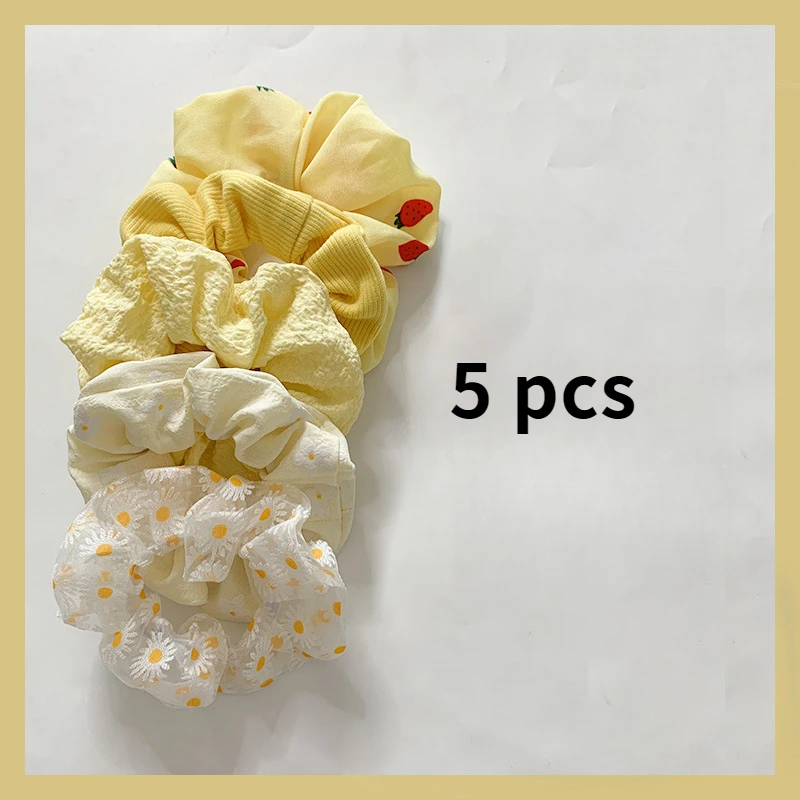 Simples Xadrez bolinhas Scrunchies com flores padrão, elástico grande rabo de cavalo titular, elástico para menina adolescente, acessórios de cabelo, 5pcs por conjunto