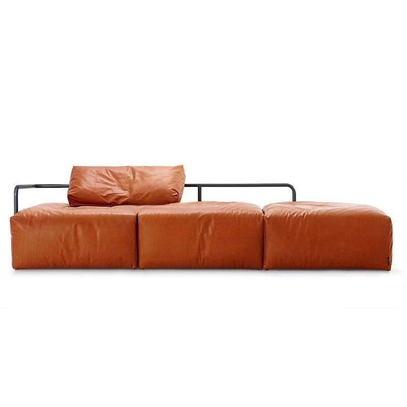 Nordic black leather, living room three-person sofa, Italian stainless steel, shopping mall hotel sofa