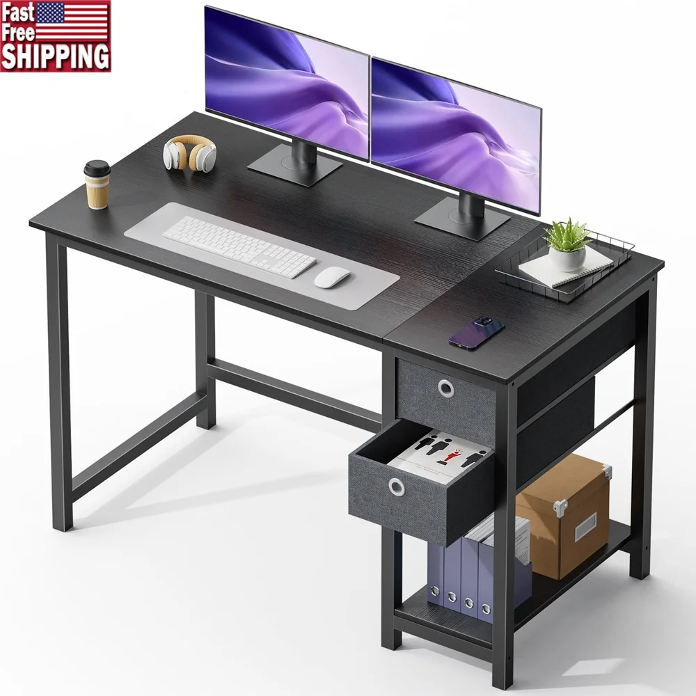 

Modern Computer Desk with 2-Tier Storage Drawers Sturdy Metal Frame Home Office Study Room Easy Assembly