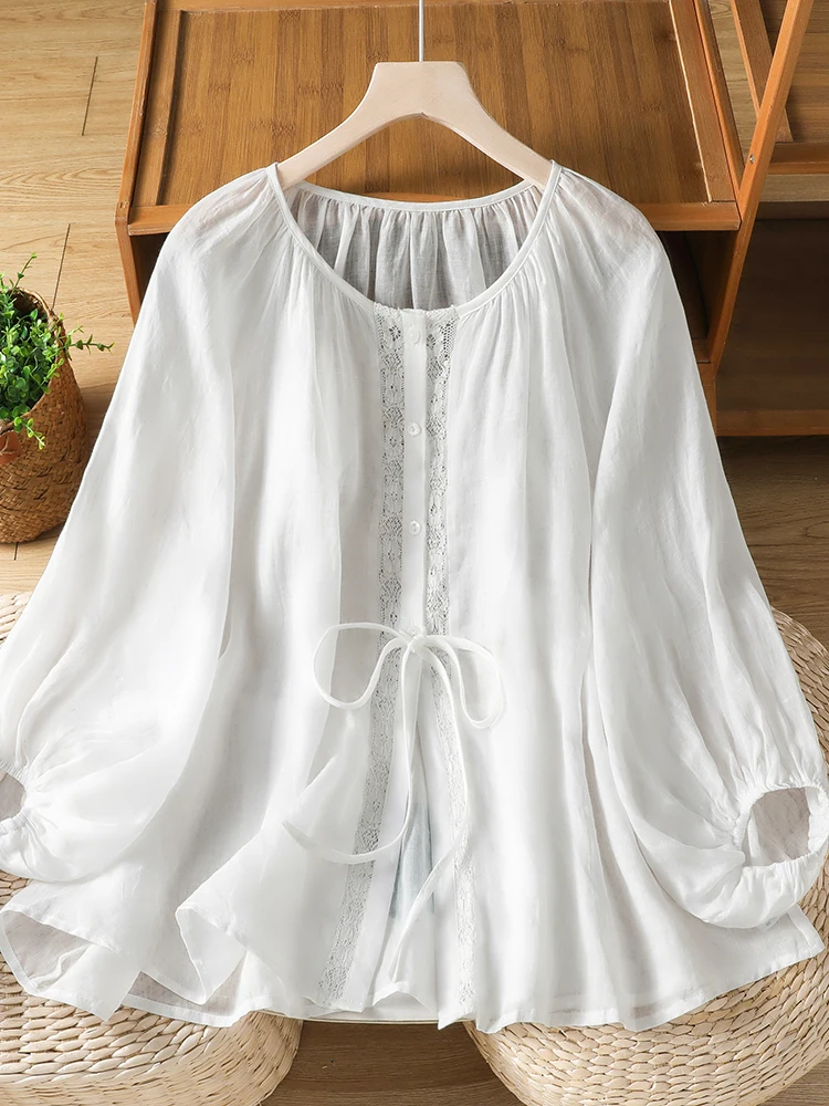 Summer Lace-Bordered Loose Women's Shirt with Lantern Sleeves And Belt High-End Japanese Style White Cover-Up Versatile for All
