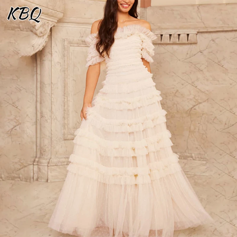 

KBQ Solid Patchwork Ruffle Long Mesh Dress For Women Slash Neck Short Sleeve Backless High Waist Temperament Dresses Female New