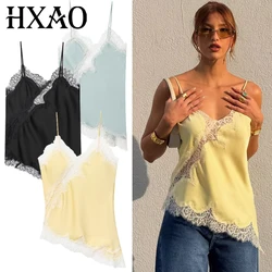 HXAO 2025 femme asymétrique haut à bretelles femmes Sexy noir jaune bleu haut dentelle réservoirs et Camis Chic Y2K sans manches dos nu Camisole