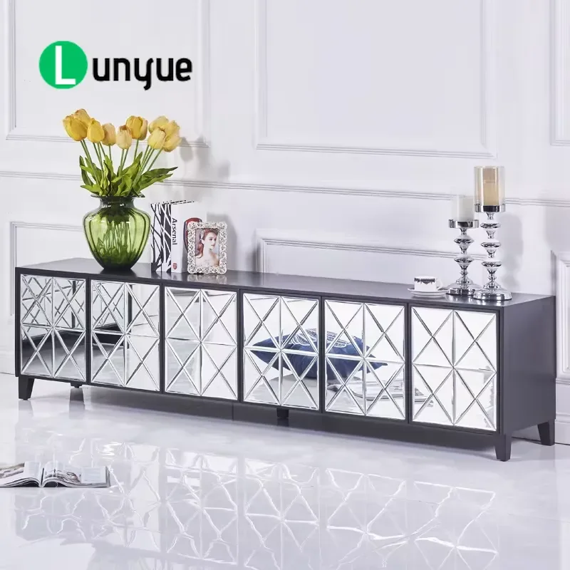 Modern Black Wood TV Unit with 4 Doors Silver Glass Mirrored for Living Room Home or Villa