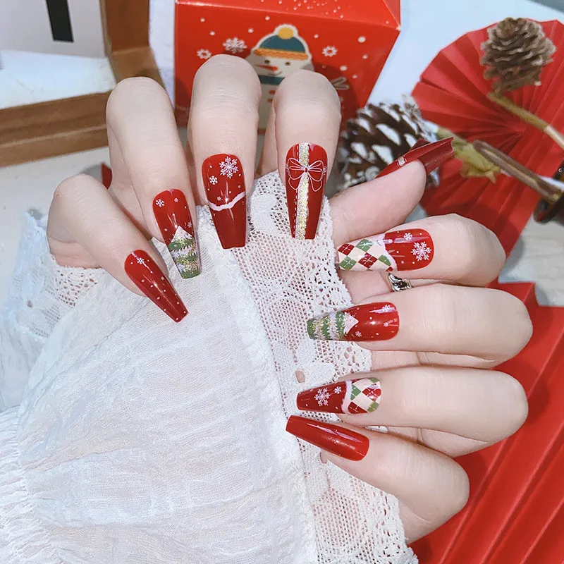 Tragbare Gefälschte Nagel Glanz Glitter Schneeflocke Elch Santa Claus Newyear Urlaub Polish Aufkleber Winter Maniküre Decor Red Weihnachten Nagel