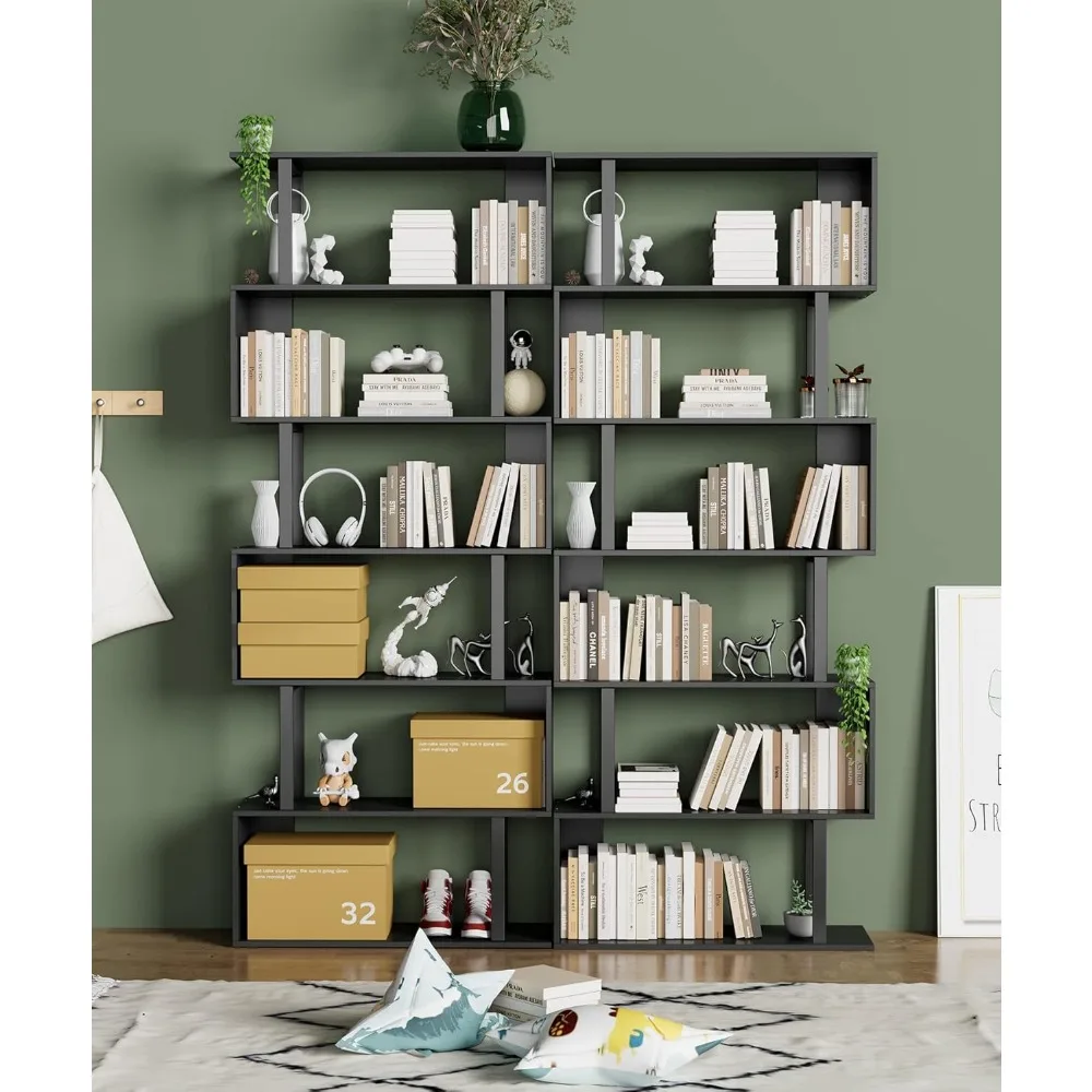 

6 Tier Geometric Bookcase, Black Book Shelves, Modern Corner Bookcase Storage Shelf Wood for Bedroom, Living Room, Home