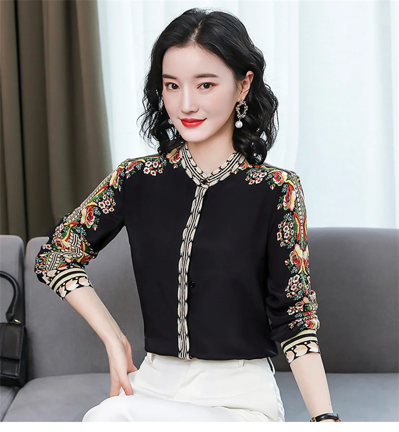 FANIECES 2XL 3XL Retro Print Elegant Chic Office Lady Button Up Shirt 2024 Spring Autumn Women Fashion Commute Tops Blouses 6258