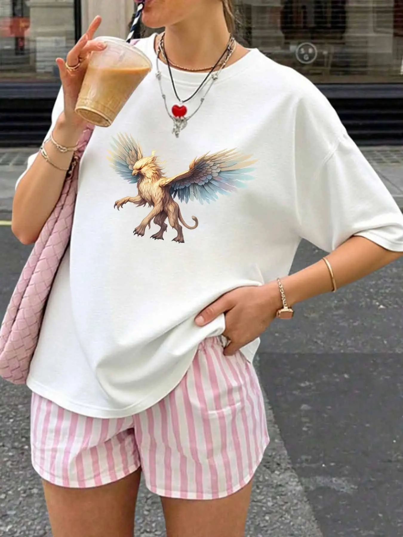 【WY1315542】Camiseta feminina plus size com gola redonda e manga curta com meia manga elástica e estampas da moda