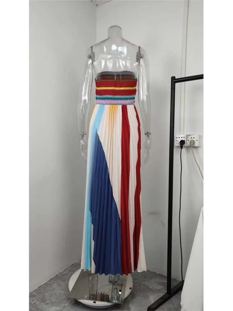 

Women's Summer Printing Patchwork Irregular Stripes Maxi Dress Fashion Off Shoulder Sleeveless Breast Holiday Party Dresses