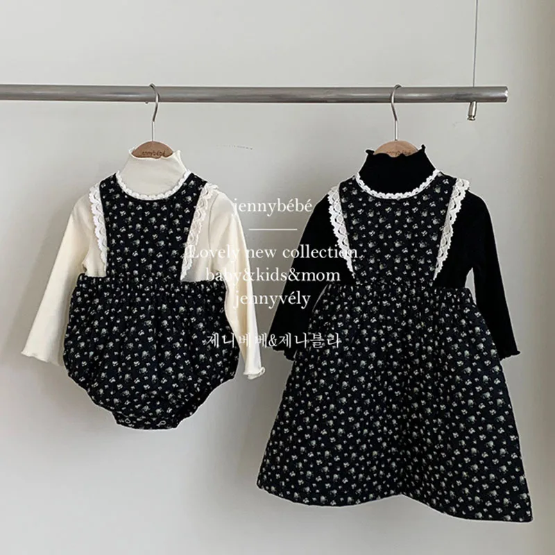 2024 New Winter Sister Clothes 2-6Yrs Girl Party Dress Sleeveless Print Thicken Warm Kids Princess Dresses Baby Girl Romper