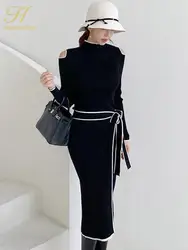 H Han Queen Autumn Elegant OL Lace up Strapless Elastic Knit Pullover Sweater Long Dress Black Sheath Pencil Knitted Dresses