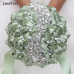 JaneVini New Luxury Wedding Bouquets for Bride Sparkly Rhinestone Crystal Artificial Satin Roses Bride Flower Bouquet Customized