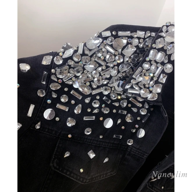 Studded Black Denim Jacket Woman Fashion Brand Designer Model Heavy Industry Rhinestone Beaded Sequins Street Diamond Jean Coat