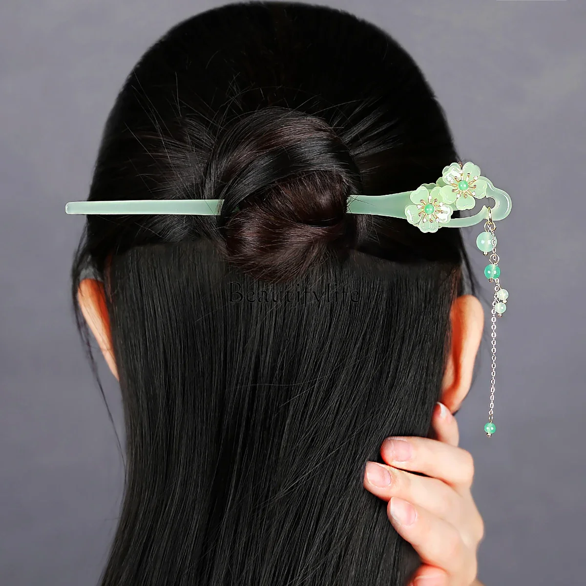 

Hairpin green hairpin fringed Hanfu women's walking ancient style glazed head jewelry