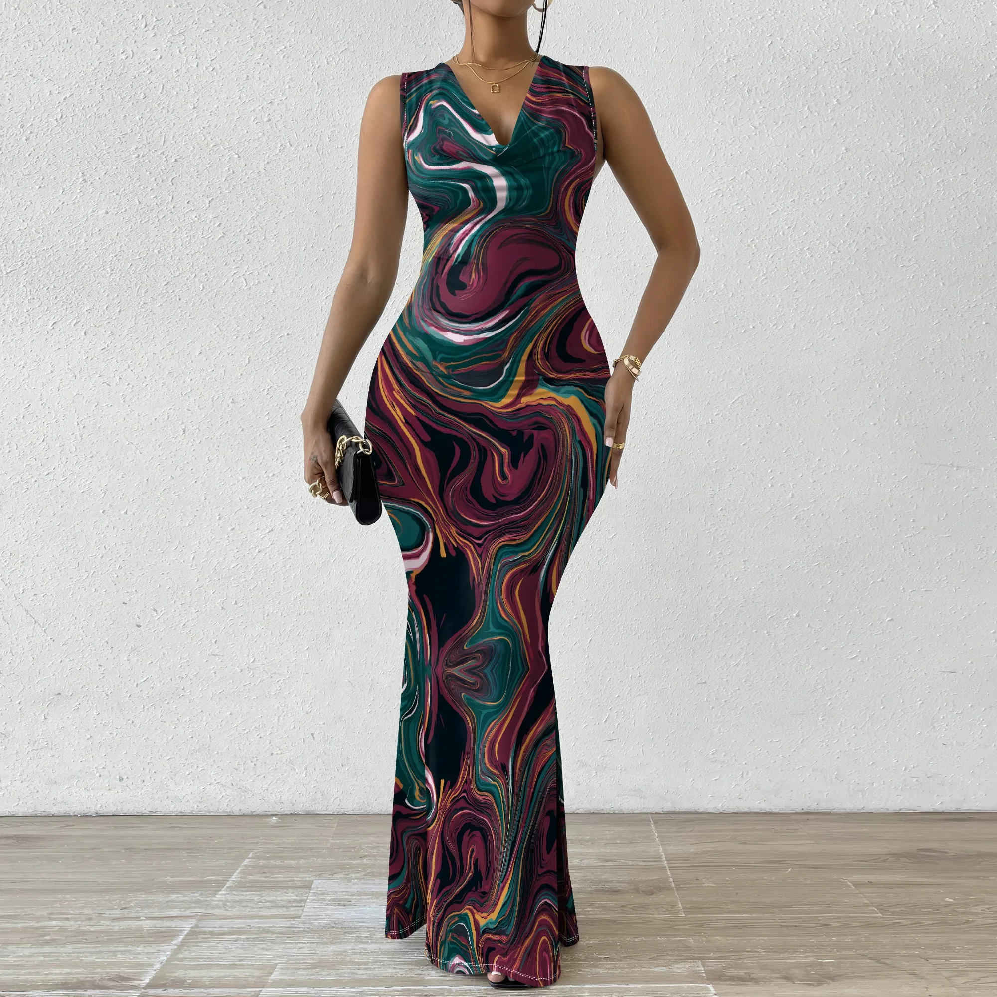

Abstract Oil Swirl Print Maxi Dress XS‑2XL Sleeveless Cowl Neck Bodycon Style for Evening Party, Art Show or Elegant Dinner Look