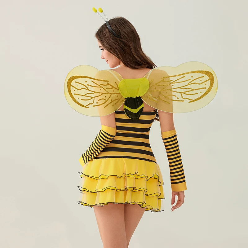 Tenue d'Halloween pour Femme, Robe Cosplay à Rayures Brillantes, Imprimé à Pois, Coccinelle, Ailes de Cerceau de Cheveux