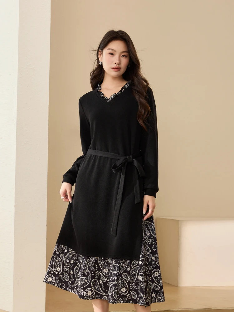 

Slimming Print Patchwork Waist Cinched Dr Korean Sle V Ne Long Sve a Line Midi Dr for plus Size Women Winter New...