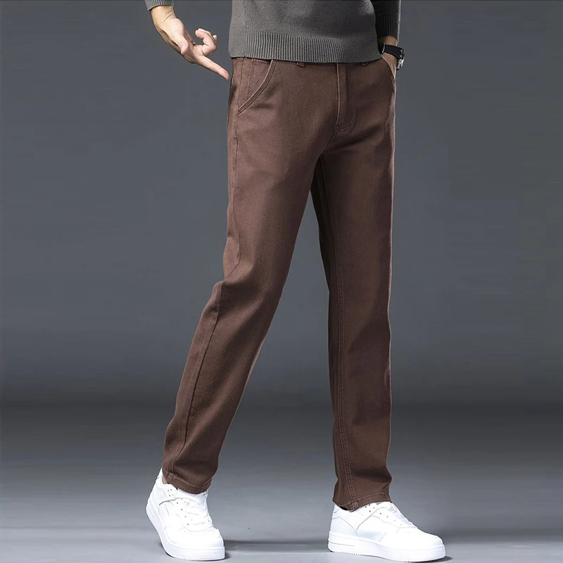 الرجال الذكية عارضة منتصف الارتفاع الجينز الذكور فضفاض مستقيم مرونة الدنيم السراويل الراقية الأزياء الطين الأصفر السراويل #1