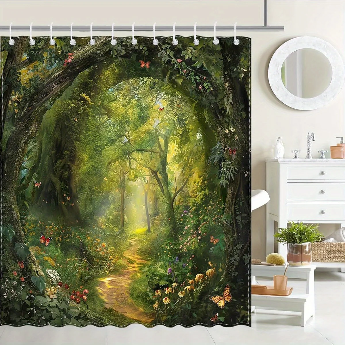 Enchanted Forest Path Bath Curtain - Sunlit Trail & Butterflies, Waterproof Home Decor Adds Magic to Your Bathroom