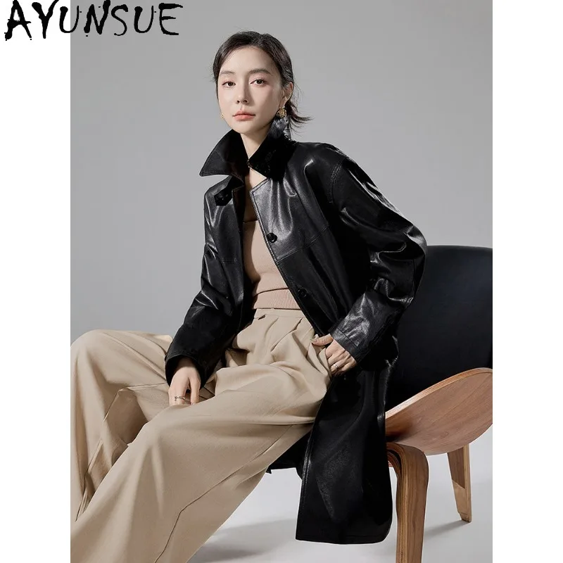 AYUNSUE Real Leather Jacket Woman Clothes Top Layer Sheepskin Mid-length Trench Coat Autumn Womens Coats Loose Vegetable Tanning