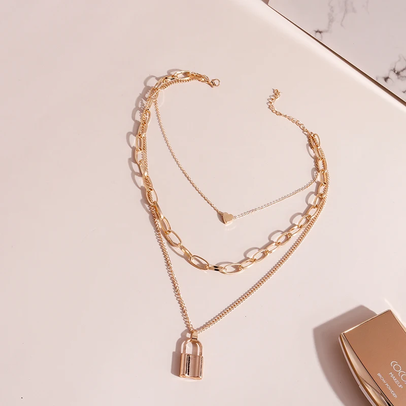 Aihua Vintage Boho Gold Farbe Mehrschichtige Kette Winzige Herz Schloss Anhänger Halsketten für Frauen Halskette Party Schmuck Geschenke – Detail 7