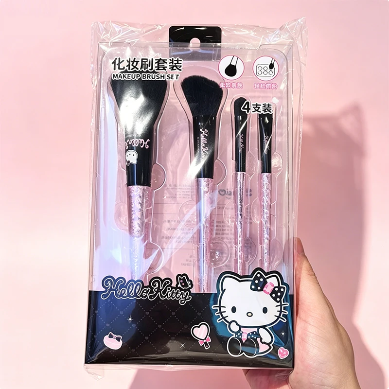 Hello Kitty Glitter Handle Makeup Brush Set 4Pcs Sparkling Party Series Soft Fluffy Powder Blush Eyeshadow Cosmetic Brushes Kit