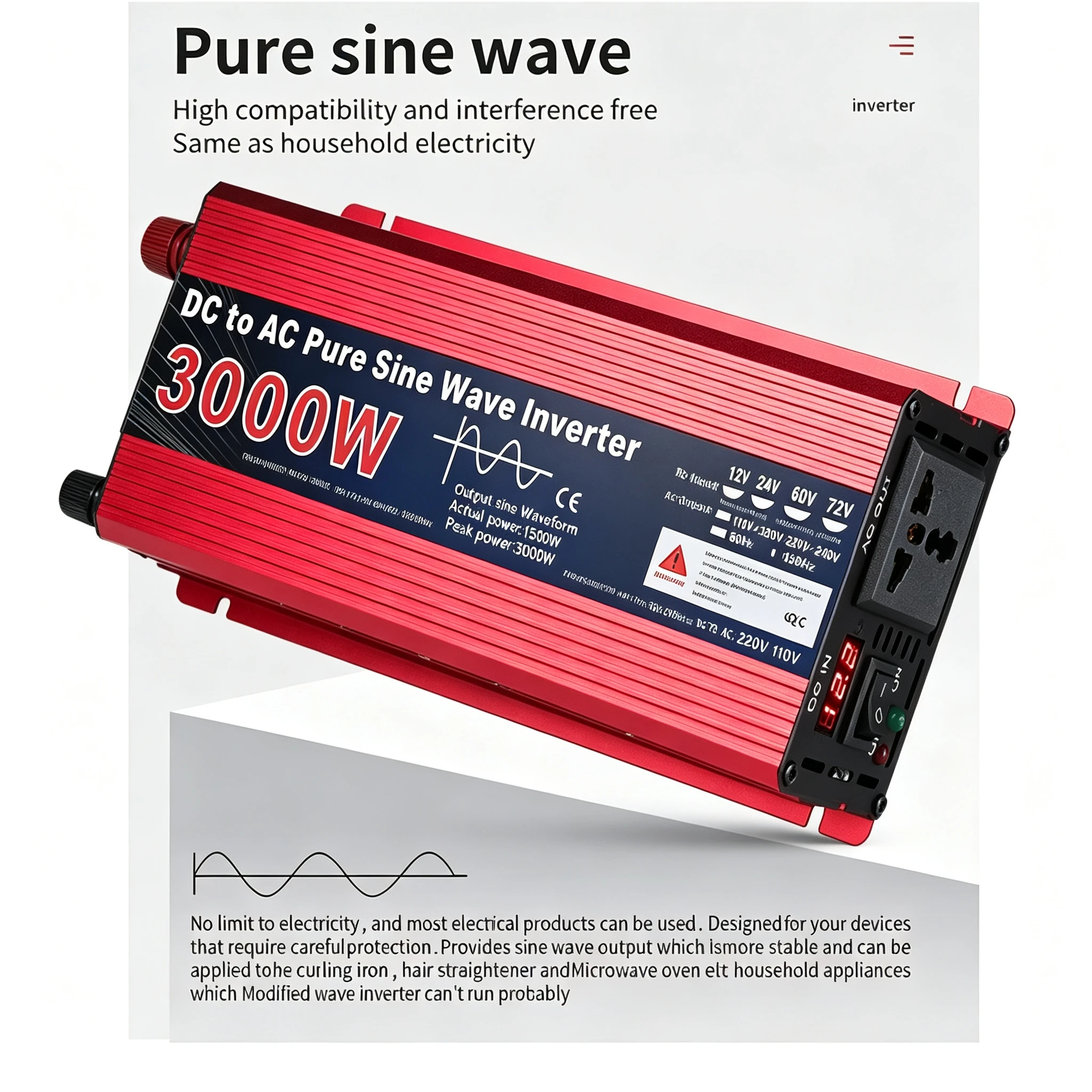 Pure Sine Wave Inverter 3000W/2200W/1600W/800WDC 12V/24V to AC 220V-240V Voltage Transfer Converter Charging Adapter EU Socket