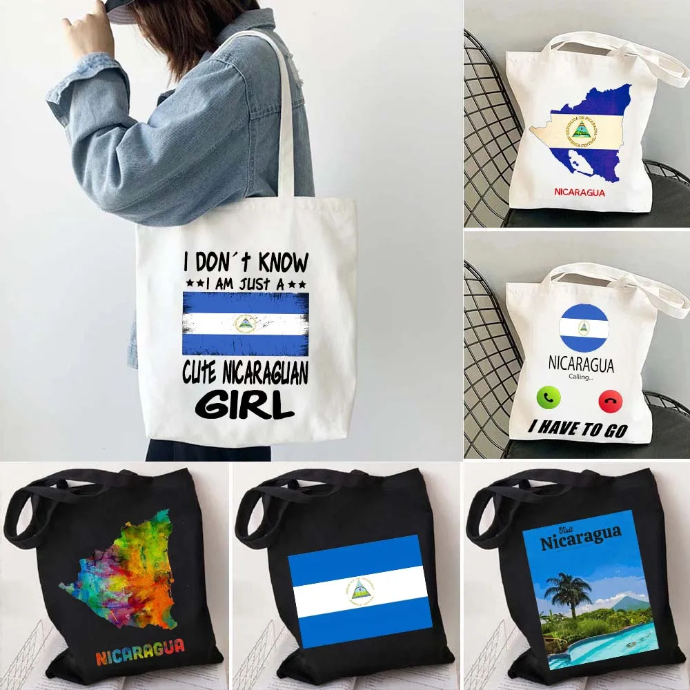 Love Heart Arms of Nicaragua Country Map Flag Managua Granada Girl Shopper Canvas Totes Bag Cotton Shopping Handbag Reusable Bag