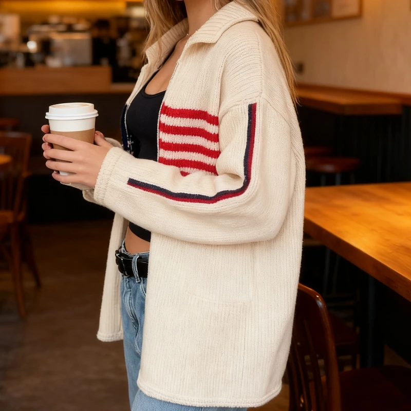 Harajuku Style Autumn Winter Pattern Zipper Knitted Sweater Casual Streetwear for loose outdoor commuting temperament knitted