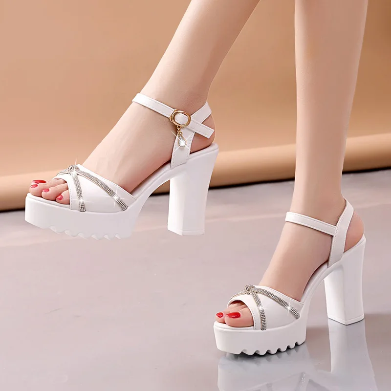 Summer Comfortable Height Increasing Sandals Ladies 9.5CM Coarse Following Platform Rhinestone Buckle Strap Evening Dress Shoes