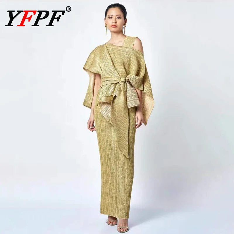 

YFPF 2025 Elegant Pleated 2 Piece Set Irregular Pullover Belt Blouse + Sleeveless Long Dress Fashion Female New Clothing 3A193