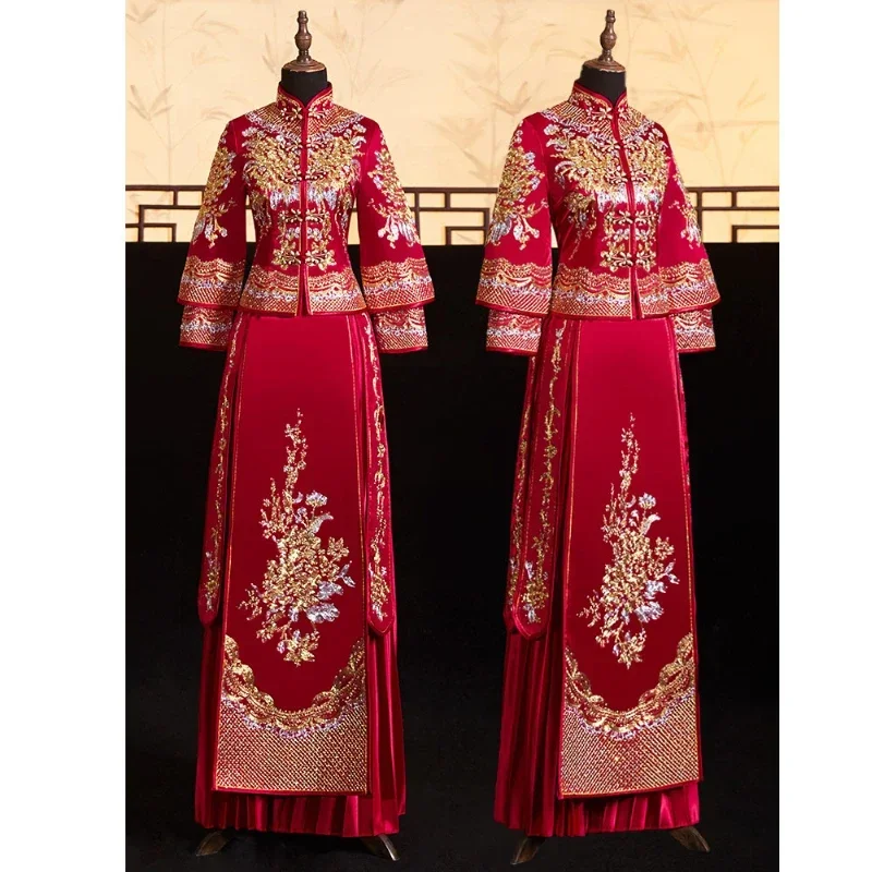 2024 Vintage Satin Dragon and Phoenix Gown Wedding Xiuhe Suit Traditional Chinese Red Bridal Cheongsam Modern Qipao Women Dress