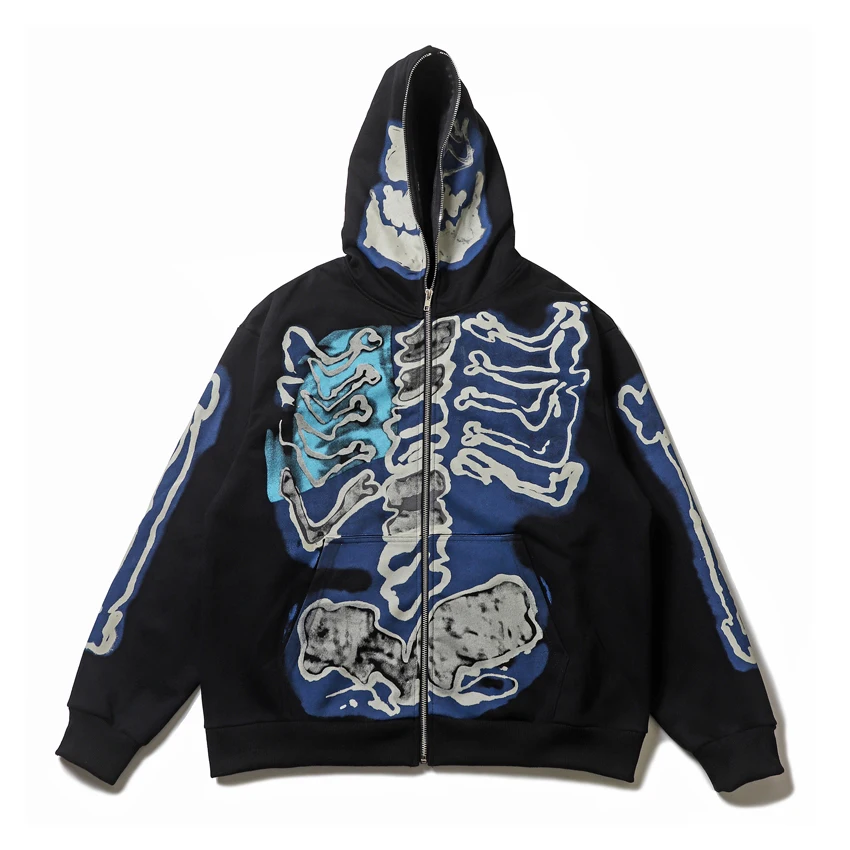 

New Cactus Jack Fashion Skull Skeleton Hoodie Zip Up Plush Hoodie Cardigan Kanye Oversized Zipper Hoodies Y2k Men Black Clothes