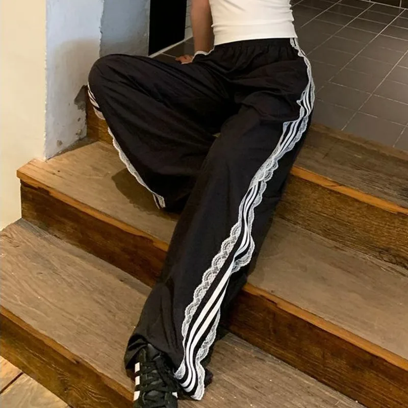 Striped Black Sports Baggy Sweatpant Lace Patchwork Streetwear Wide Leg Trouser High Waist Plus Size Korean Style Pant For Women