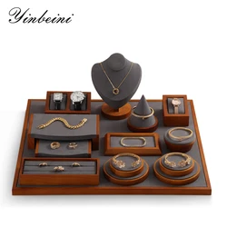 YinBeiNi Premium Solid Wood Two-color Mat Jewelry Display Tray Ring Necklace Bracelet Portrait Storage Tray for Store Use Pallet