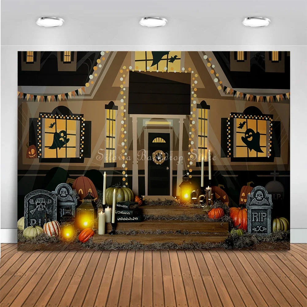 ฮาโลวีน Haunts ภาพพื้นหลัง Tombstone Skeleton ฟักทอง Photo Studio Props เด็กภาพเค้ก Smash การถ่ายภาพฉากหลัง