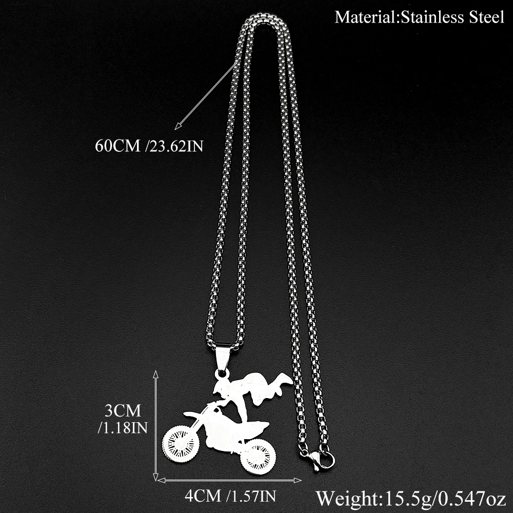 Motocross rider pendant necklace worn, showing scale and drop length