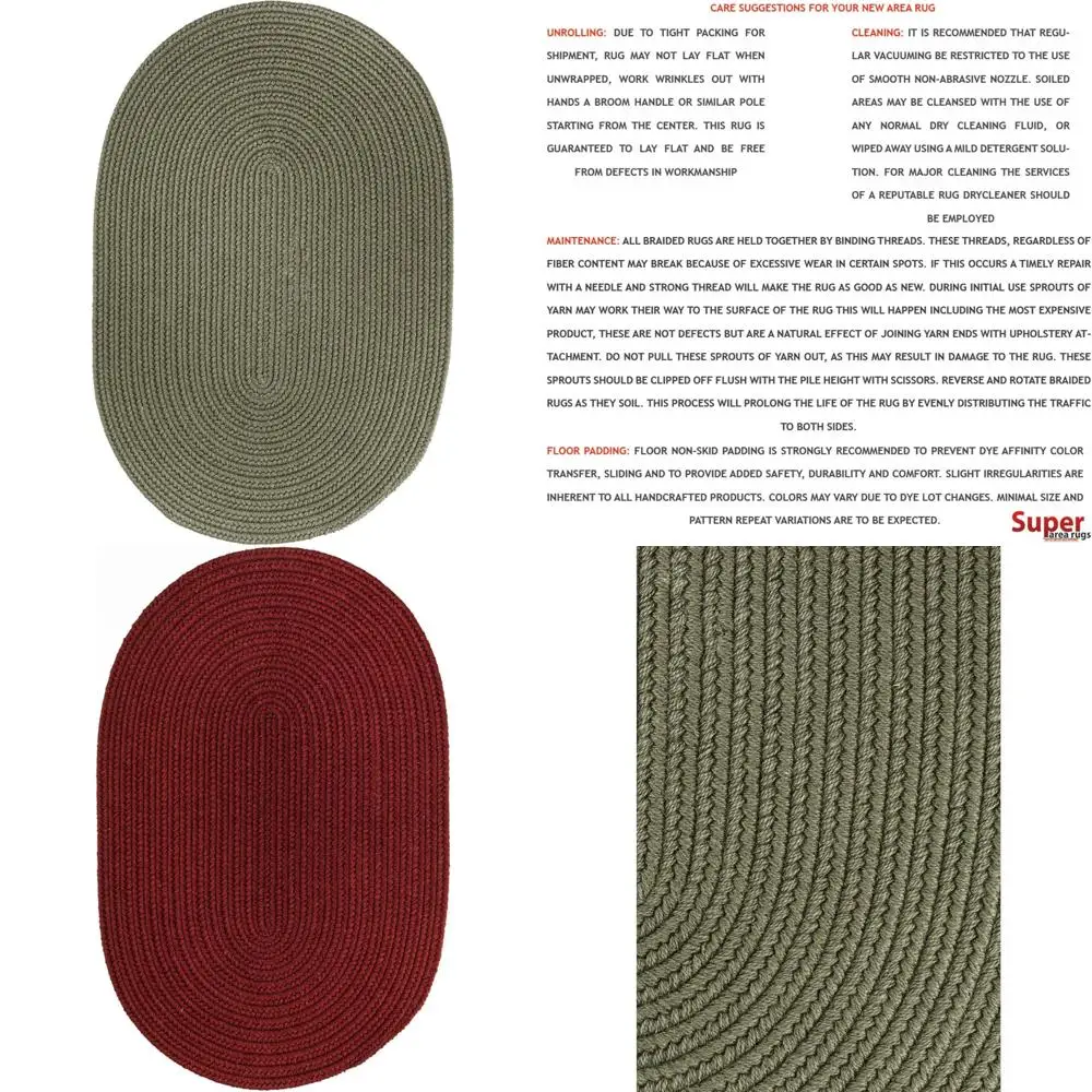 Alfombras de lujo de lana trenzada: felpa reversible para espacios habitables y dormitorios, verde musgo, 4x6 ovaladas