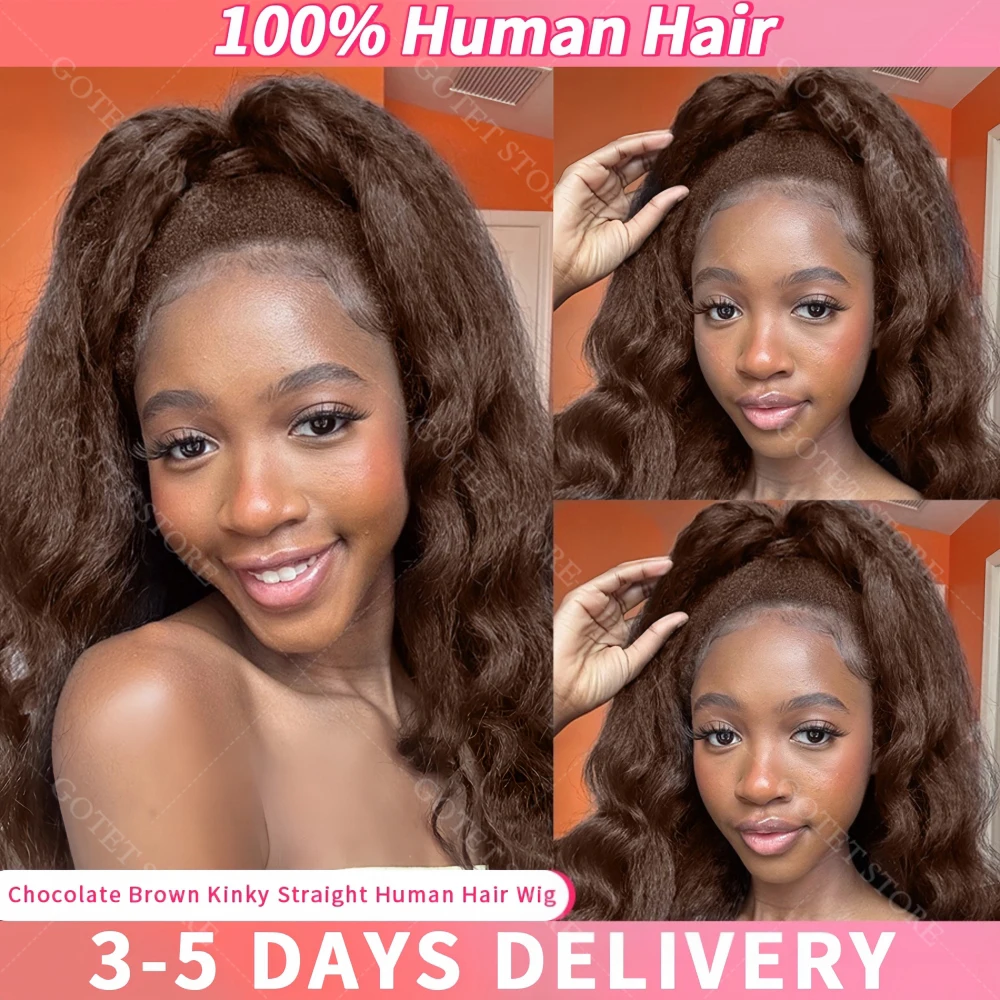 

Fluffy Kinky Straight Human Hair Wigs 13x6 Invisible HD Lace Frontal Wigs Brazilian Remy Hair Chocolate Brown Wigs Melt Skins