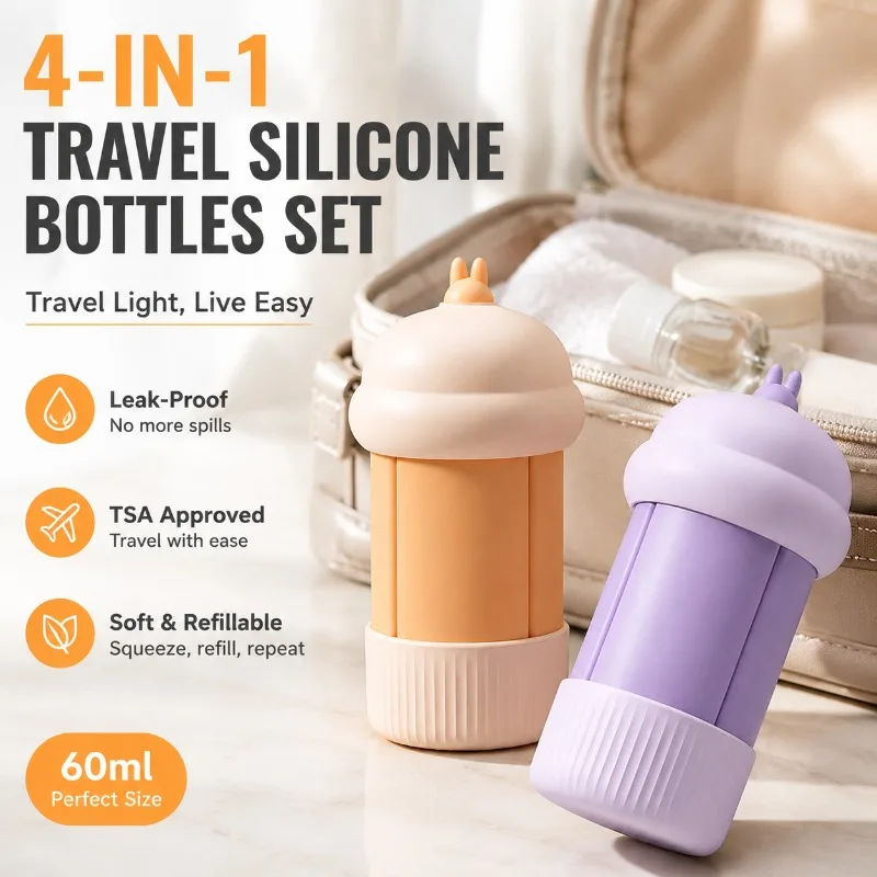 

4-in-1 Travel Silicone Bottles Set, 60ml Refillable Travel Containers for Shampoo, Lotion, Skincare, TPR+PE Leak-Proof Portable